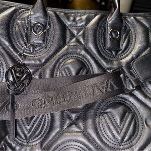 Valentino Black Quilted Logo Tote with Branded Strap and Charm